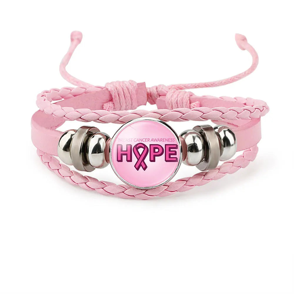 Breast Cancer Awareness Hope Bracelet for Women Pink Ribbon Charm Braided Leather Rope Wrap Bangle Fashion Handmade Jewelry