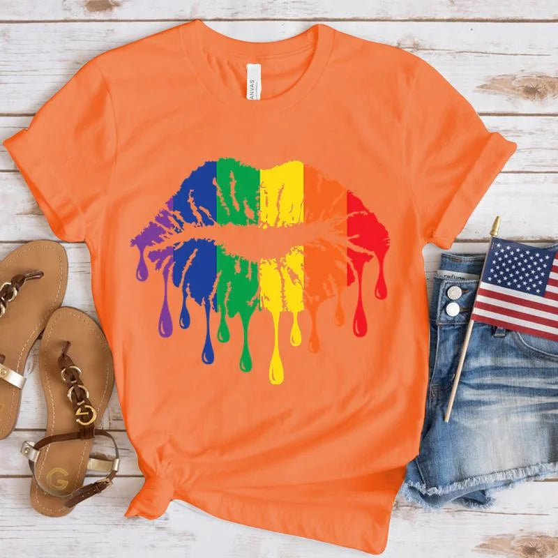 Funny Lgbt Pride Rainbow Lips Print T-Shirt Summer Casual Graphic T Shirt Women Men Short Sleeve round Neck Shirts