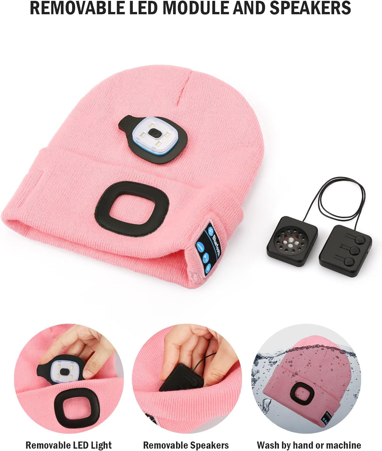 Bluetooth Beanie with a Light, Unisex USB Rechargeable 4 LED Fashlight Hat with Cordless Headphones, Unique Christmas Birthday Gifts for Men Him Husband Teen Pink
