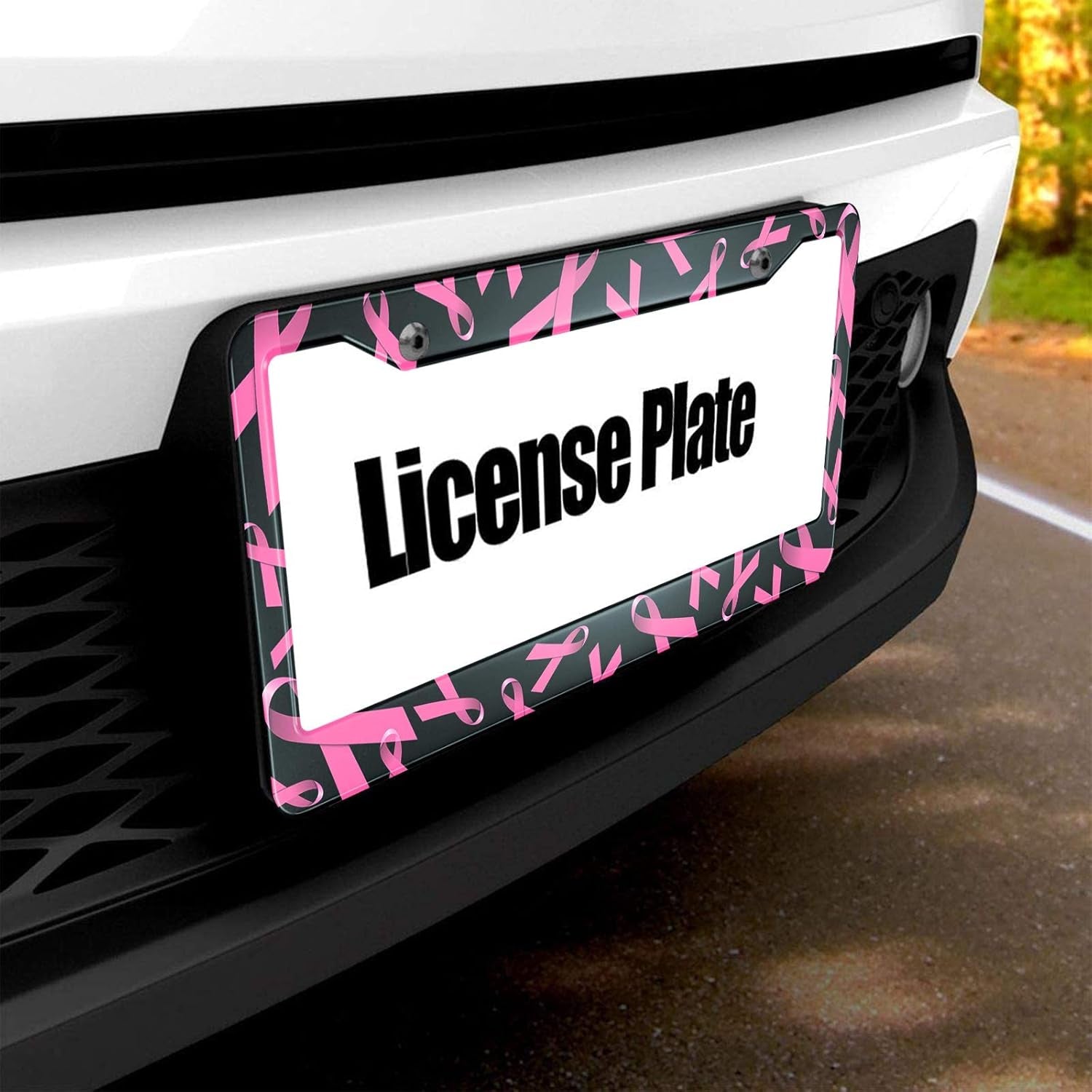 Pink Ribbon License Plate Frame Breast Cancer Awareness Metal License Plate Cover Front Plates Frames Car Tag Frame for Women Men US Vehicles Standard