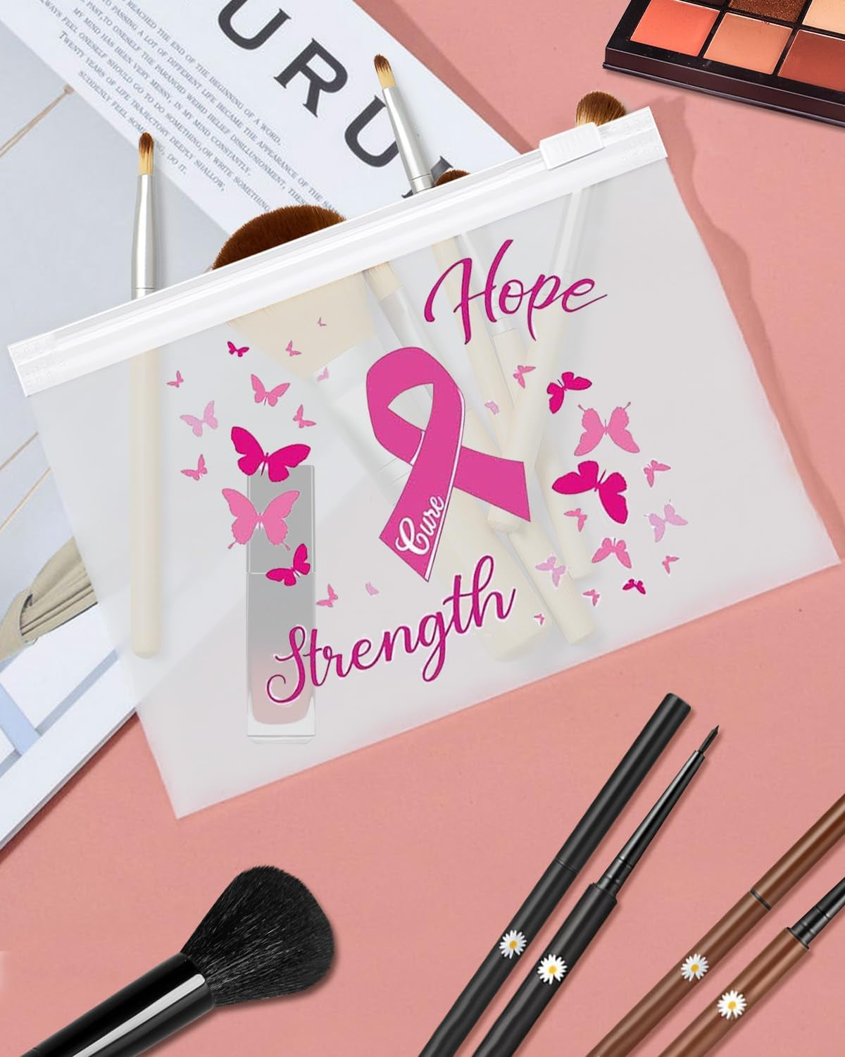 60 Pcs Breast Cancer Awareness Makeup Bags Set, Waterproof EVA Travel Toiletry Bags with Pink Ribbon Design, Strength, Cure, Hope, Perfect for Women and Girls, Cancer Survivor and Charity Party Gifts