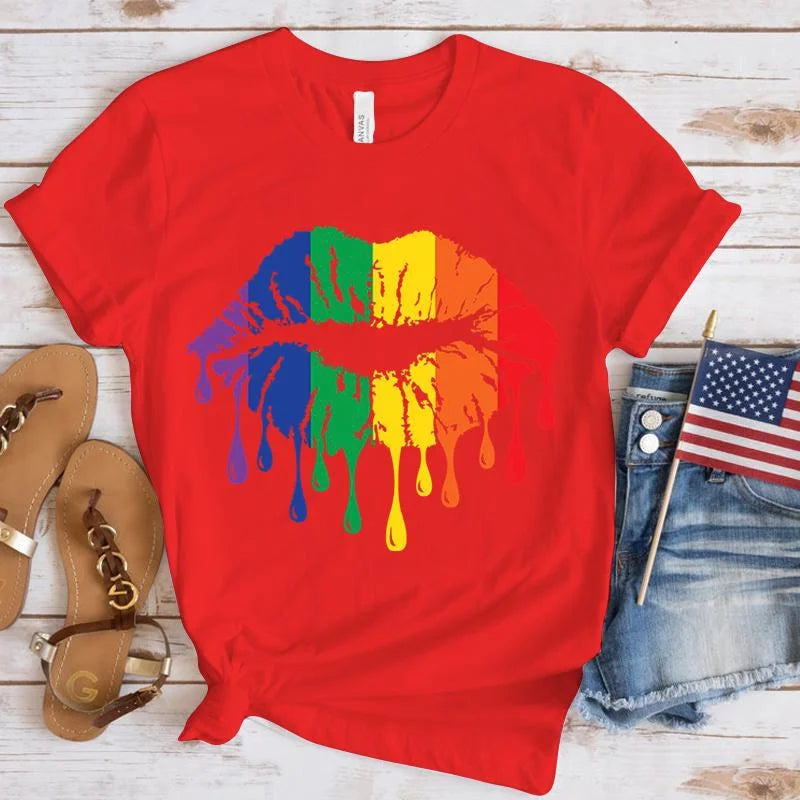 Funny Lgbt Pride Rainbow Lips Print T-Shirt Summer Casual Graphic T Shirt Women Men Short Sleeve round Neck Shirts