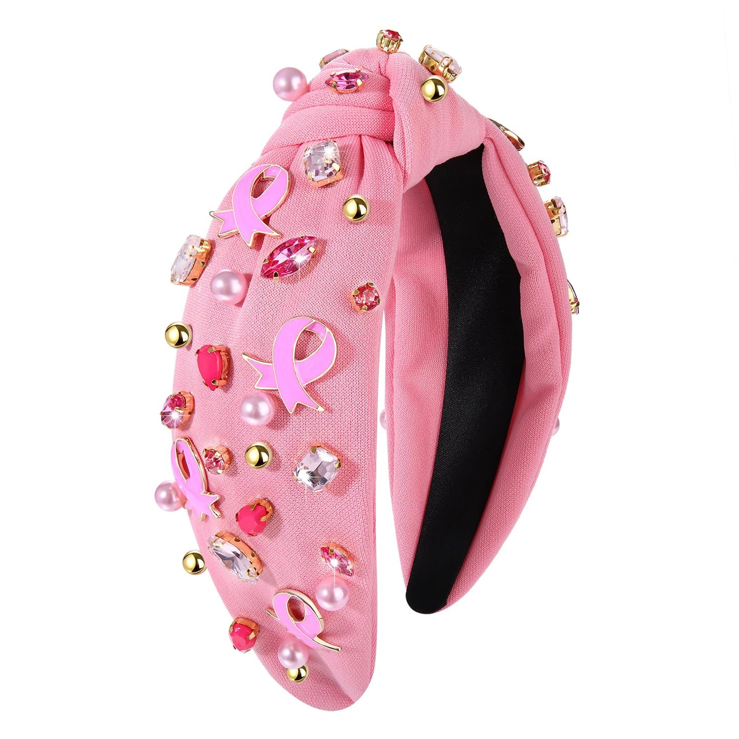 Pink Knotted Headband Sparkly Rhinestone Breast Cancer Awareness Knot Headband Crystal Jeweled Pink Ribbon Fright Beaded Twist Hairband Headpiece Breast Cancer Awareness Hair Accessories Gift For