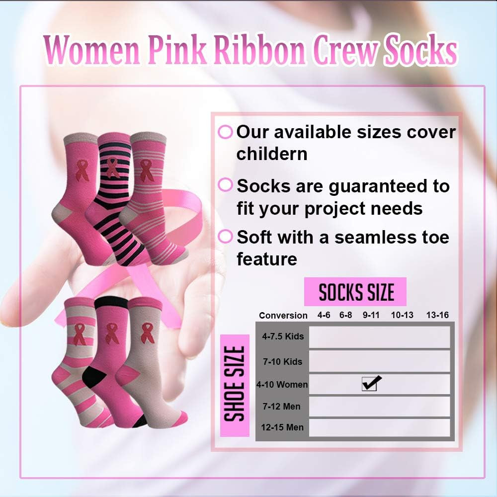 60 Pairs of Pink Ribbon Breast Cancer Awareness Ankle/Crew Socks for Women