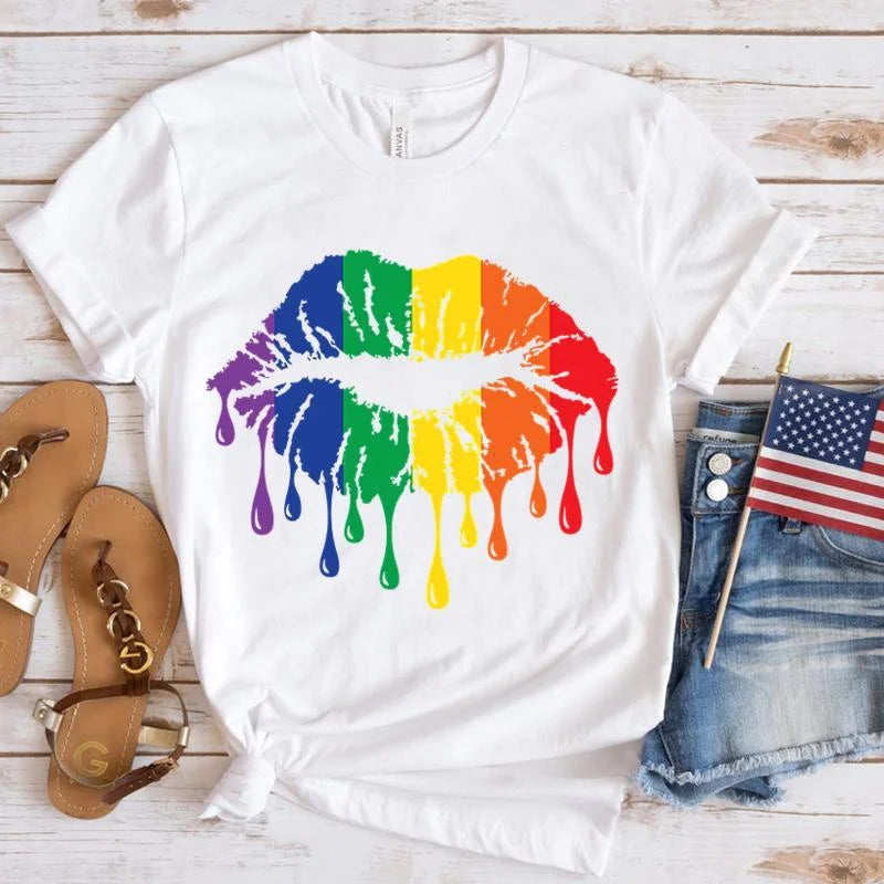 Funny Lgbt Pride Rainbow Lips Print T-Shirt Summer Casual Graphic T Shirt Women Men Short Sleeve round Neck Shirts
