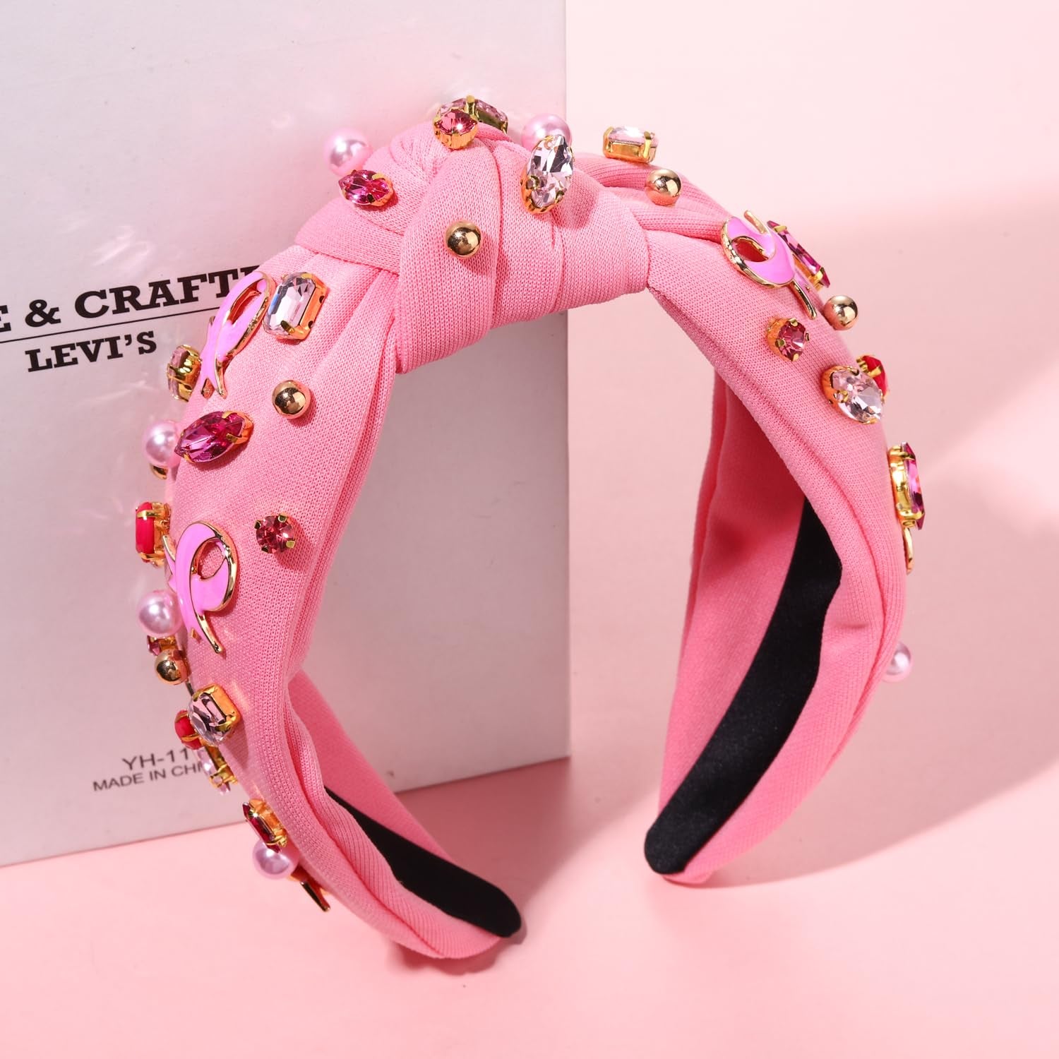 Pink Knotted Headband Sparkly Rhinestone Breast Cancer Awareness Knot Headband Crystal Jeweled Pink Ribbon Fright Beaded Twist Hairband Headpiece Breast Cancer Awareness Hair Accessories Gift For