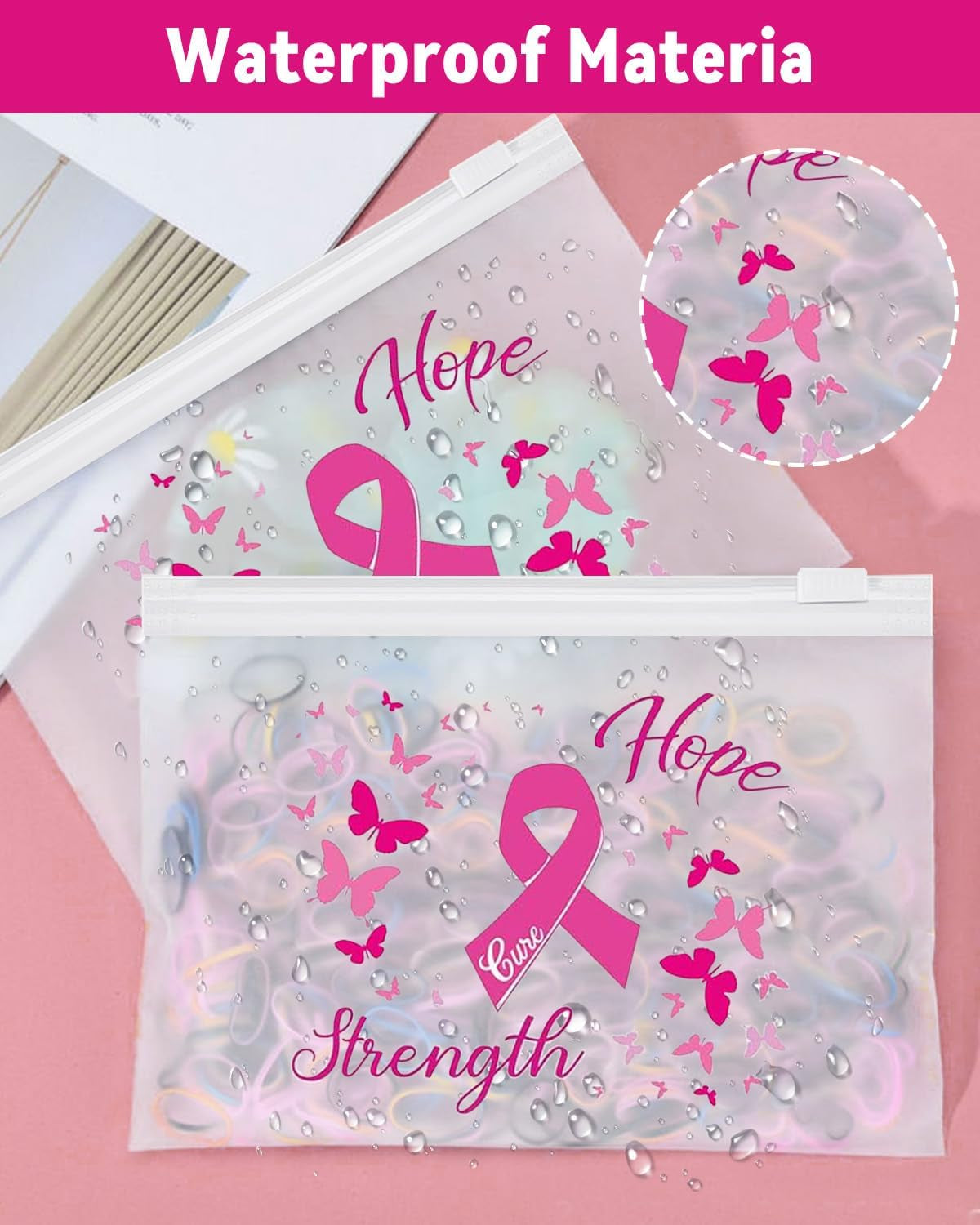 60 Pcs Breast Cancer Awareness Makeup Bags Set, Waterproof EVA Travel Toiletry Bags with Pink Ribbon Design, Strength, Cure, Hope, Perfect for Women and Girls, Cancer Survivor and Charity Party Gifts