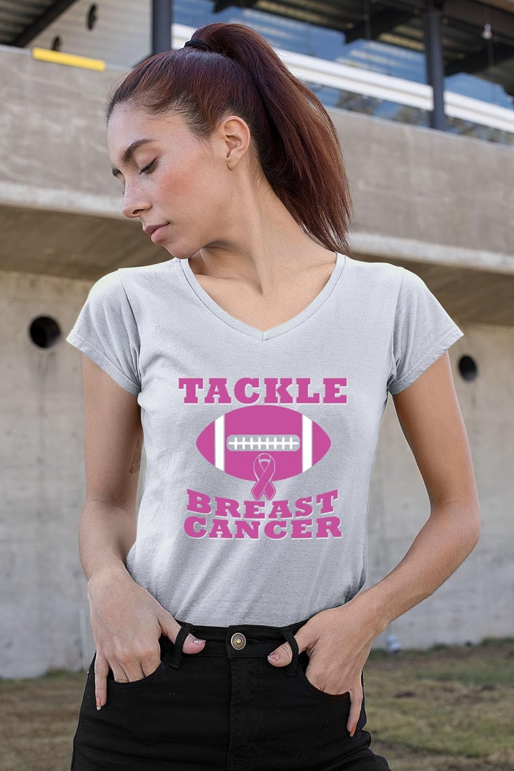 Tackle Breast Cancer V Neck Shirts October Awareness Family Support Gift for Women V-Neck