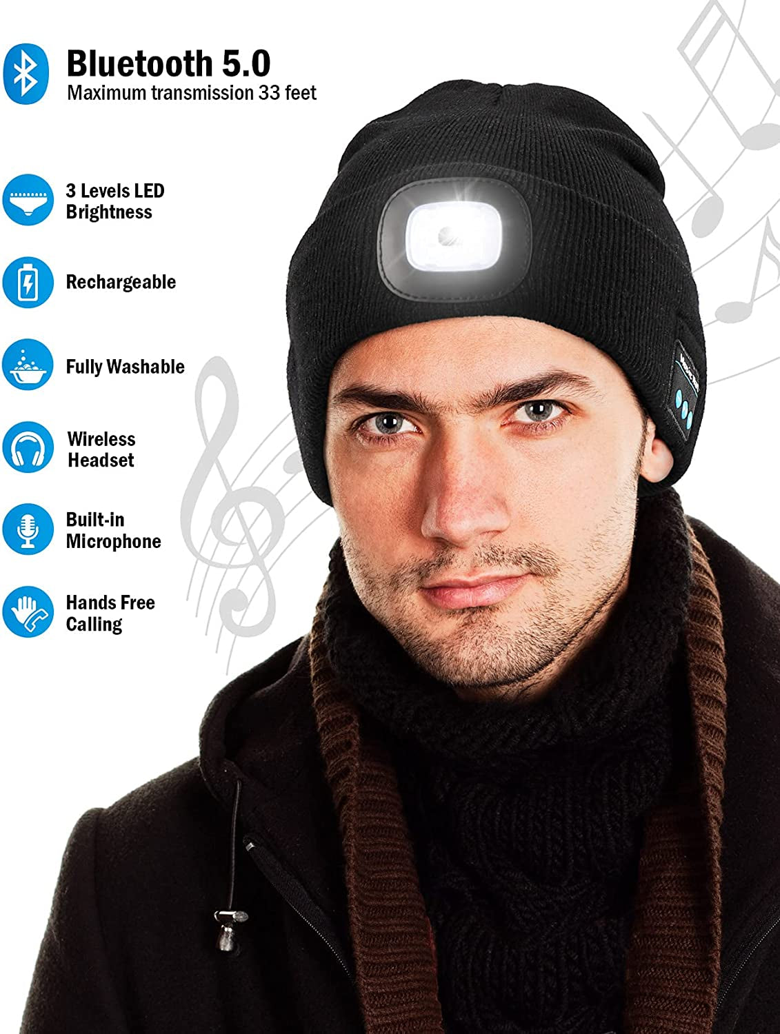 Bluetooth Beanie with a Light, Unisex USB Rechargeable 4 LED Fashlight Hat with Cordless Headphones, Unique Christmas Birthday Gifts for Men Him Husband Teen Pink