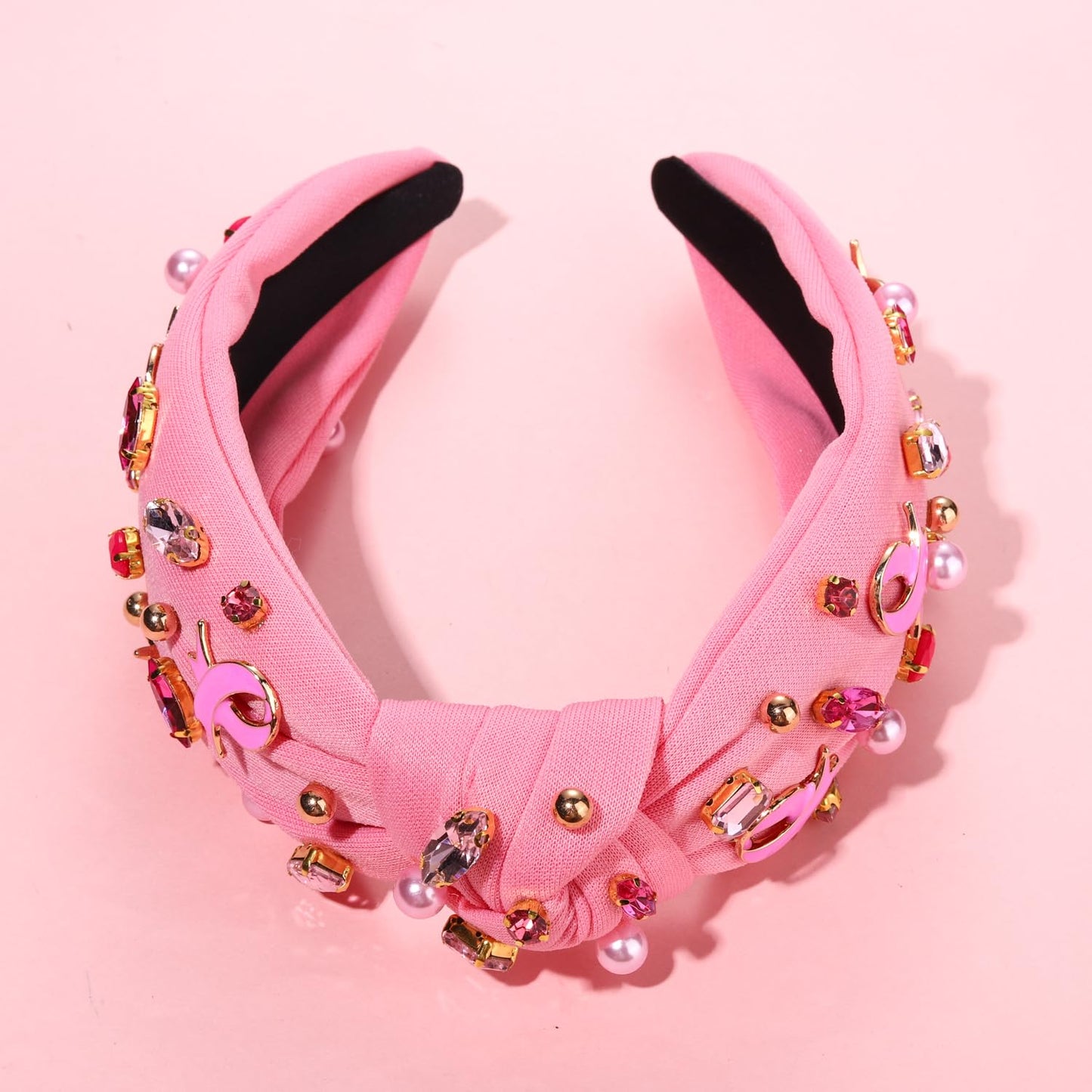 Pink Knotted Headband Sparkly Rhinestone Breast Cancer Awareness Knot Headband Crystal Jeweled Pink Ribbon Fright Beaded Twist Hairband Headpiece Breast Cancer Awareness Hair Accessories Gift For