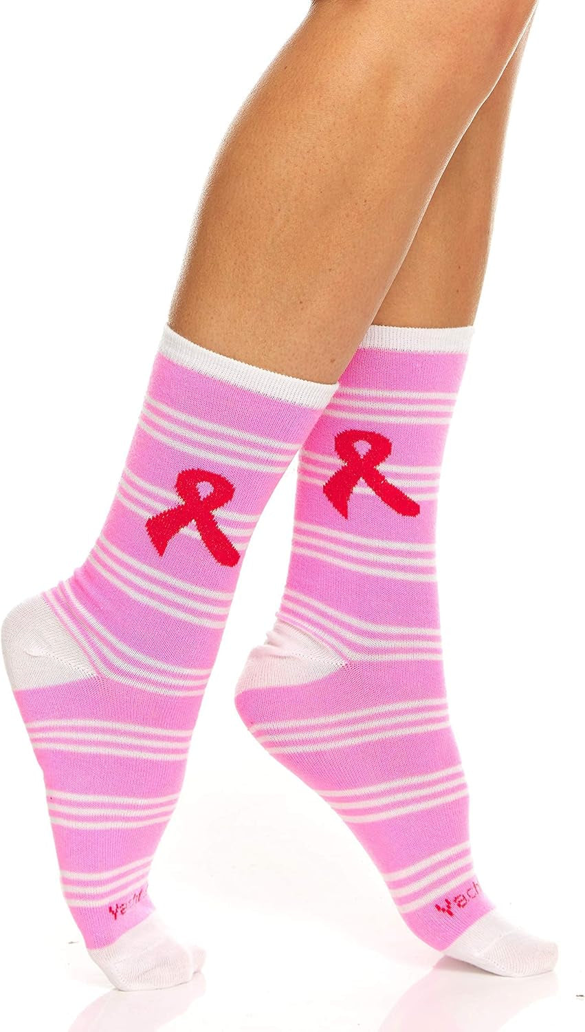 12 Pack Pink Ribbon Breast Cancer Awareness Ankle/Crew Socks for Women