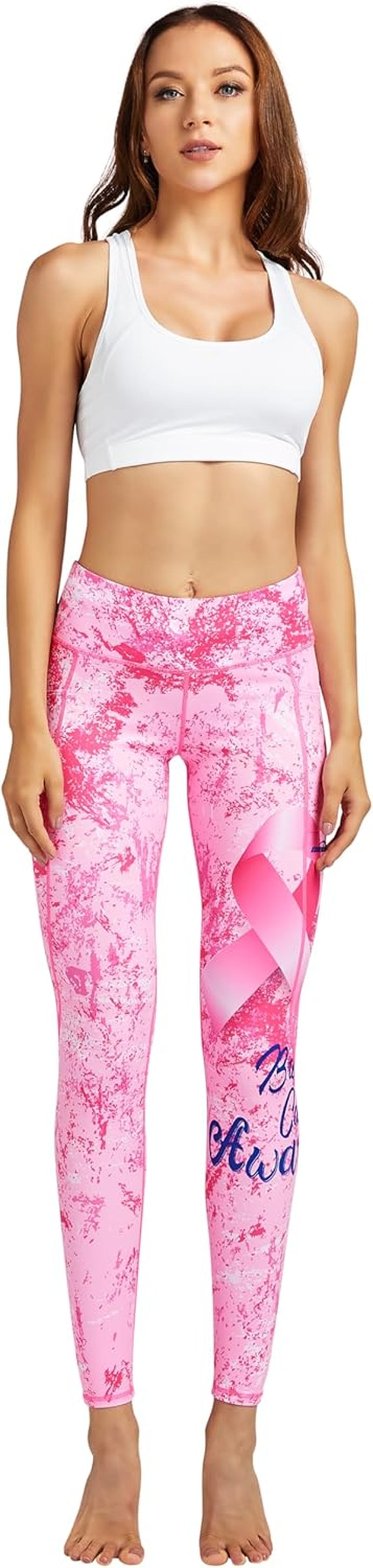Women Leggings Breast Cancer Awareness Yoga Pants Pink Ribbon Tights with Side Pockets