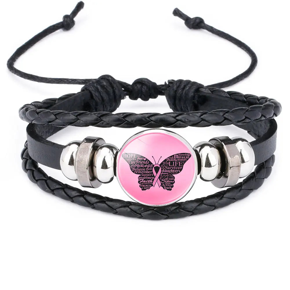 Breast Cancer Awareness Hope Bracelet for Women Pink Ribbon Charm Braided Leather Rope Wrap Bangle Fashion Handmade Jewelry