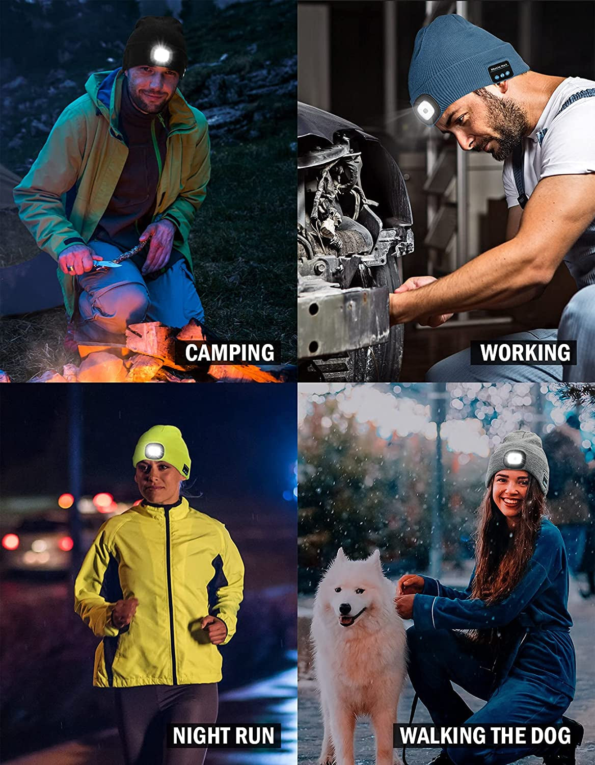 Bluetooth Beanie with a Light, Unisex USB Rechargeable 4 LED Fashlight Hat with Cordless Headphones, Unique Christmas Birthday Gifts for Men Him Husband Teen Pink