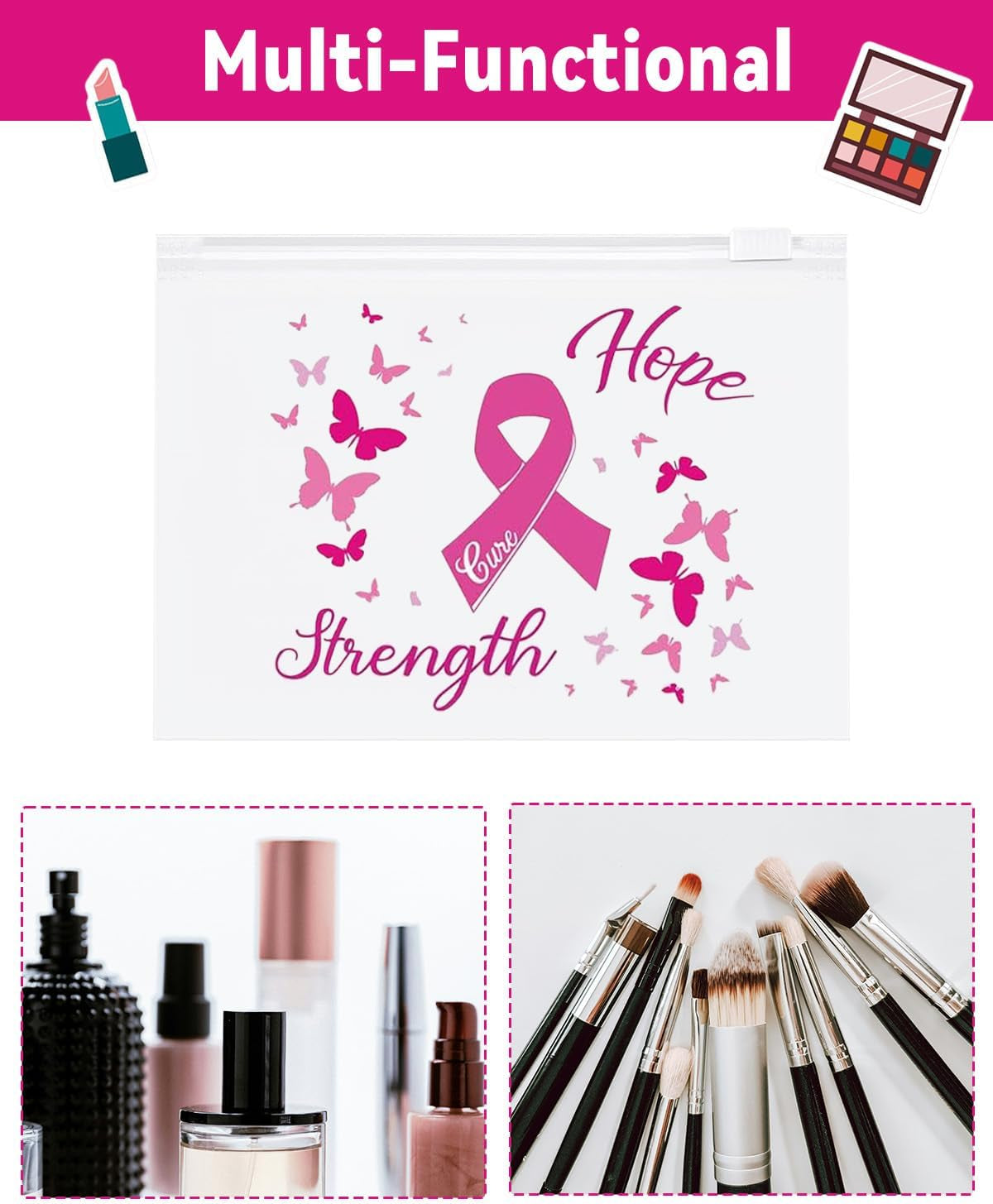 60 Pcs Breast Cancer Awareness Makeup Bags Set, Waterproof EVA Travel Toiletry Bags with Pink Ribbon Design, Strength, Cure, Hope, Perfect for Women and Girls, Cancer Survivor and Charity Party Gifts