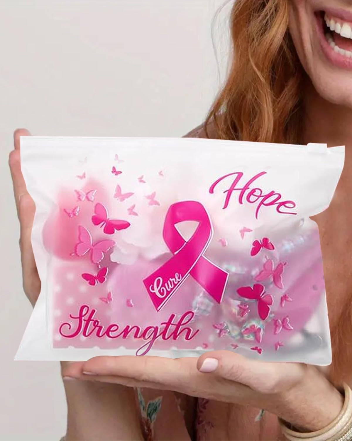 60 Pcs Breast Cancer Awareness Makeup Bags Set, Waterproof EVA Travel Toiletry Bags with Pink Ribbon Design, Strength, Cure, Hope, Perfect for Women and Girls, Cancer Survivor and Charity Party Gifts