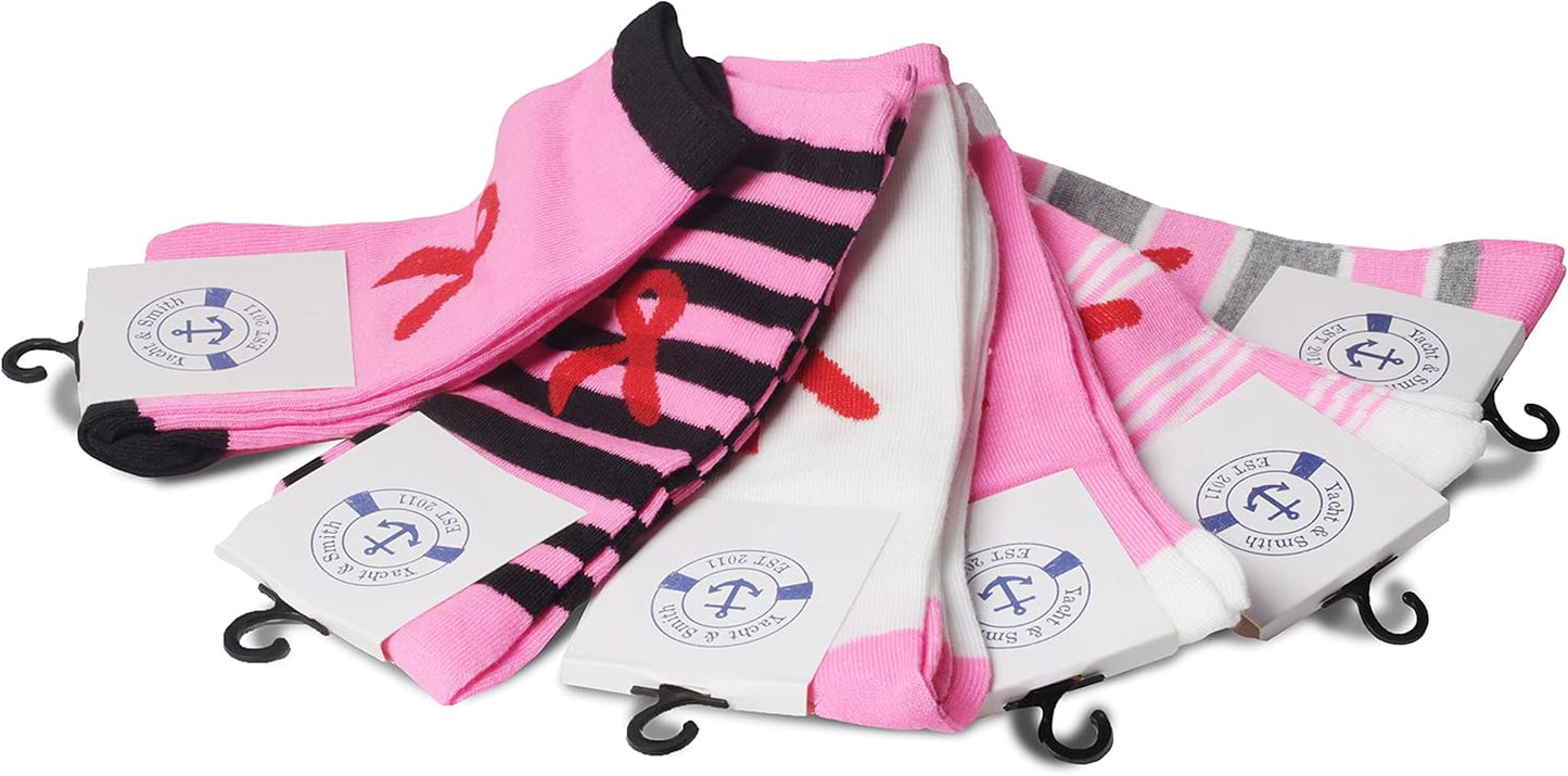 12 Pack Pink Ribbon Breast Cancer Awareness Ankle/Crew Socks for Women