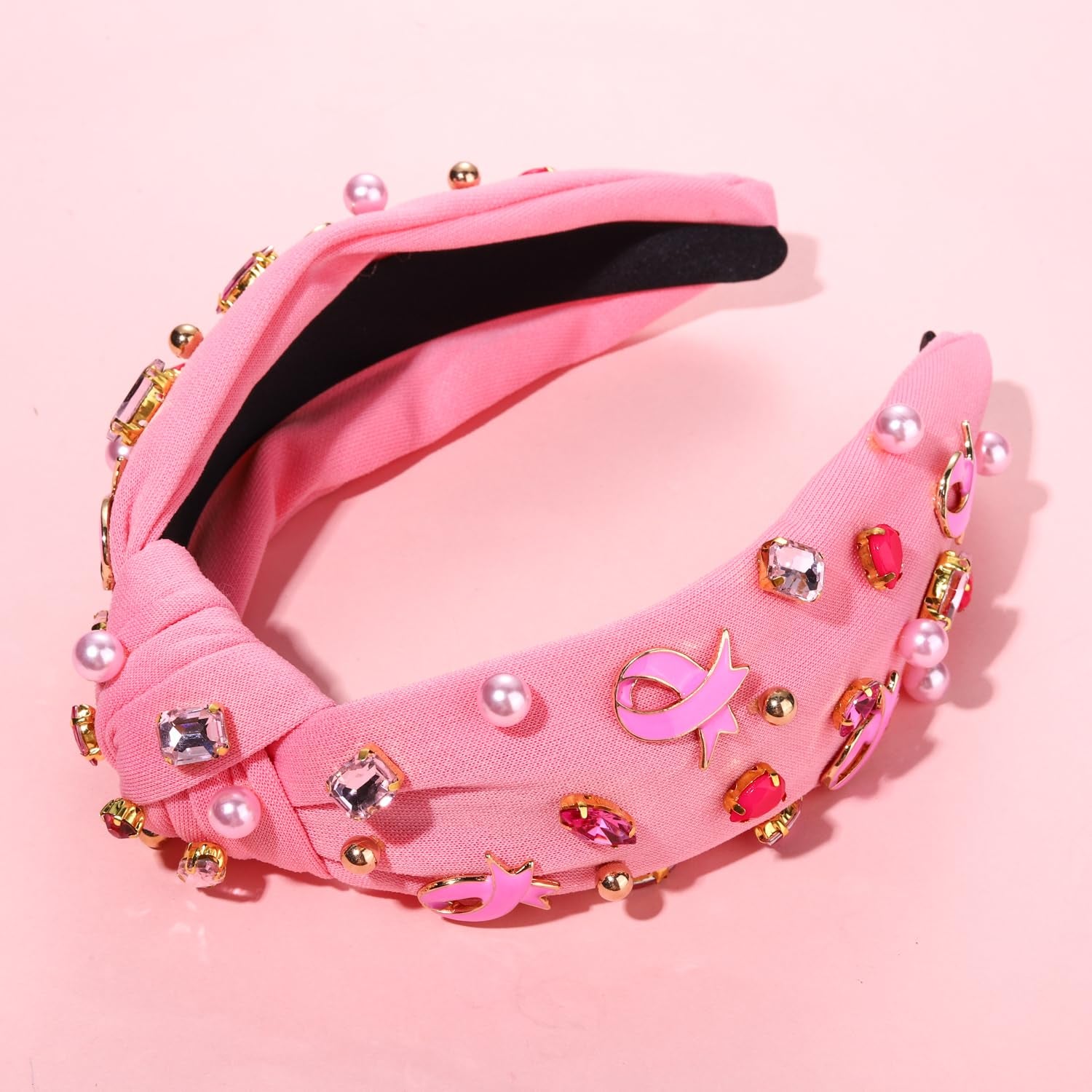 Pink Knotted Headband Sparkly Rhinestone Breast Cancer Awareness Knot Headband Crystal Jeweled Pink Ribbon Fright Beaded Twist Hairband Headpiece Breast Cancer Awareness Hair Accessories Gift For