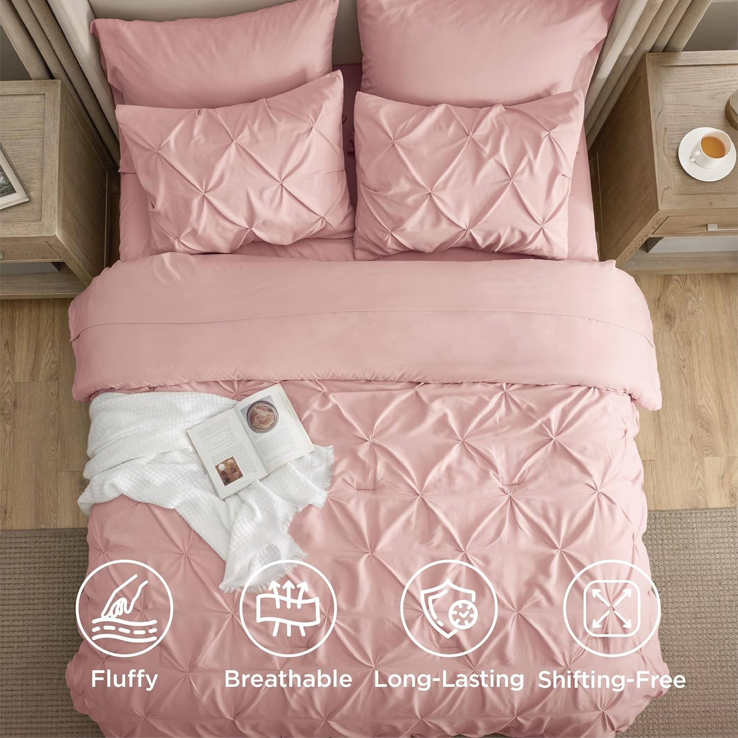 King Size Comforter Set Pink - Bed in a Bag King Size 7 Pieces, Gentlesoft™ Pintuck Bed Set Gift for Family, Pinch Pleat Pink Comforter with Sheets, Pillowcases & Shams