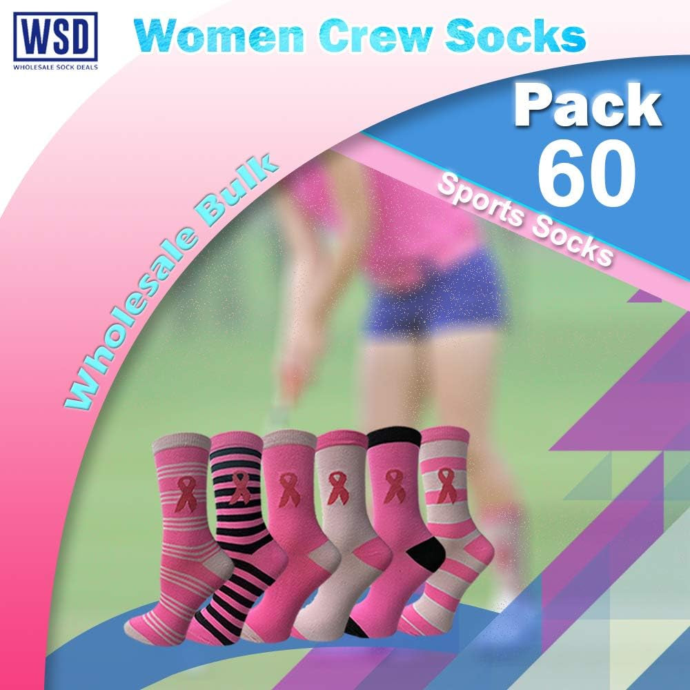 60 Pairs of Pink Ribbon Breast Cancer Awareness Ankle/Crew Socks for Women