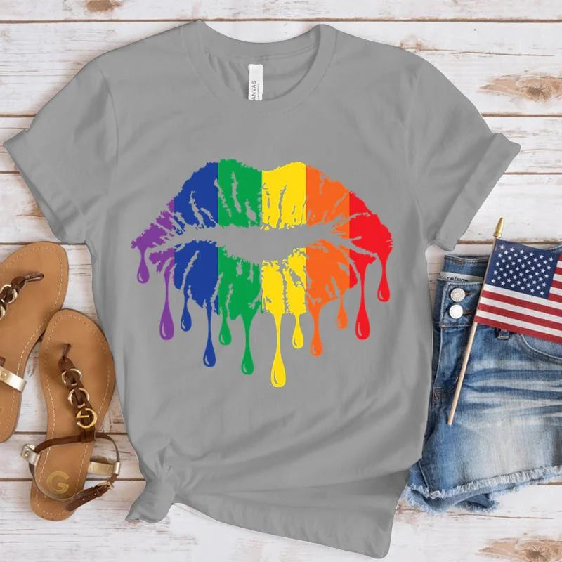 Funny Lgbt Pride Rainbow Lips Print T-Shirt Summer Casual Graphic T Shirt Women Men Short Sleeve round Neck Shirts
