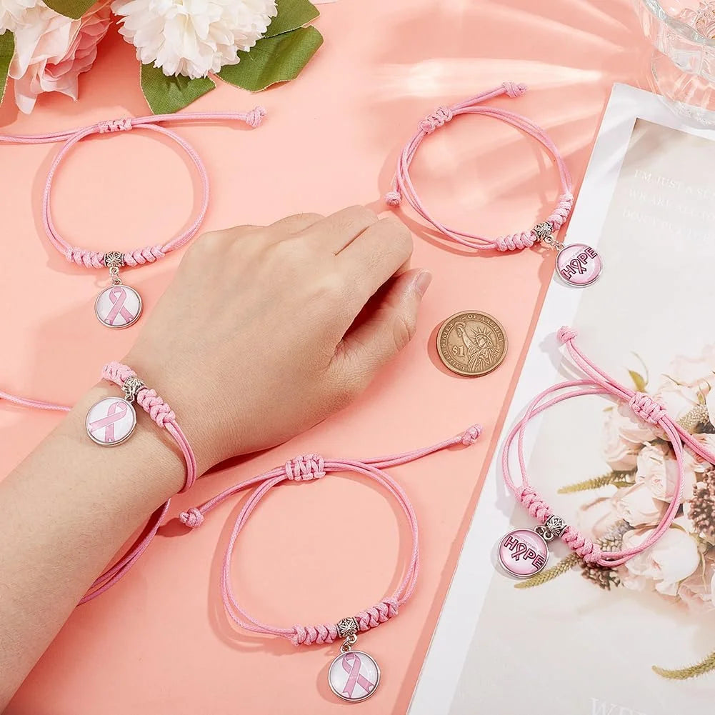 12Pcs Pink Ribbon Bracelets Breast Cancer Awareness Glass Charms Bracelet Adjustable Bracelet for Women Breast Cancer Awareness Month Accessories Gifts