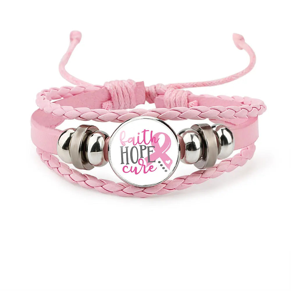 Breast Cancer Awareness Hope Bracelet for Women Pink Ribbon Charm Braided Leather Rope Wrap Bangle Fashion Handmade Jewelry