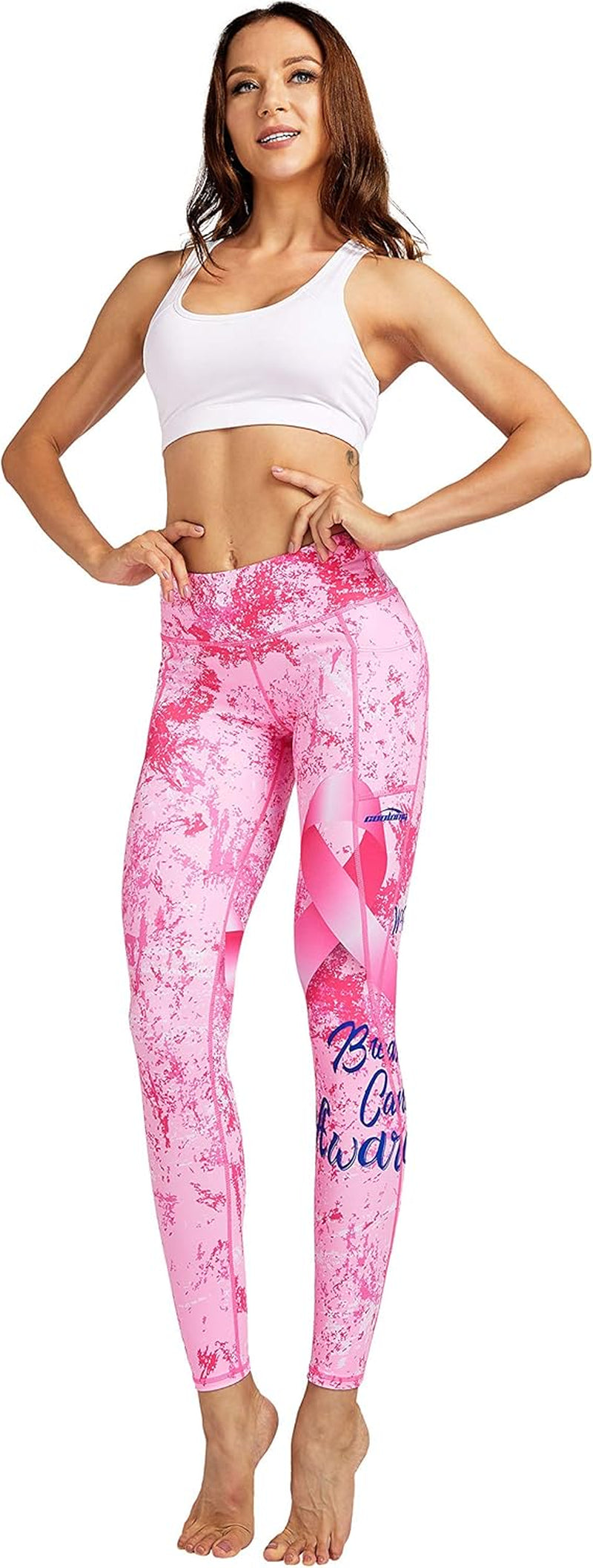 Women Leggings Breast Cancer Awareness Yoga Pants Pink Ribbon Tights with Side Pockets