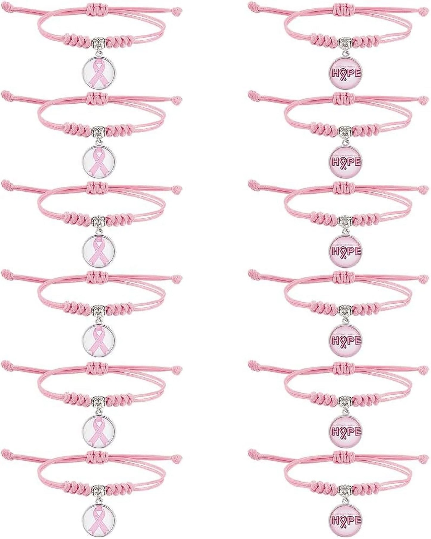 12Pcs Pink Ribbon Bracelets Breast Cancer Awareness Glass Charms Bracelet Adjustable Bracelet for Women Breast Cancer Awareness Month Accessories Gifts