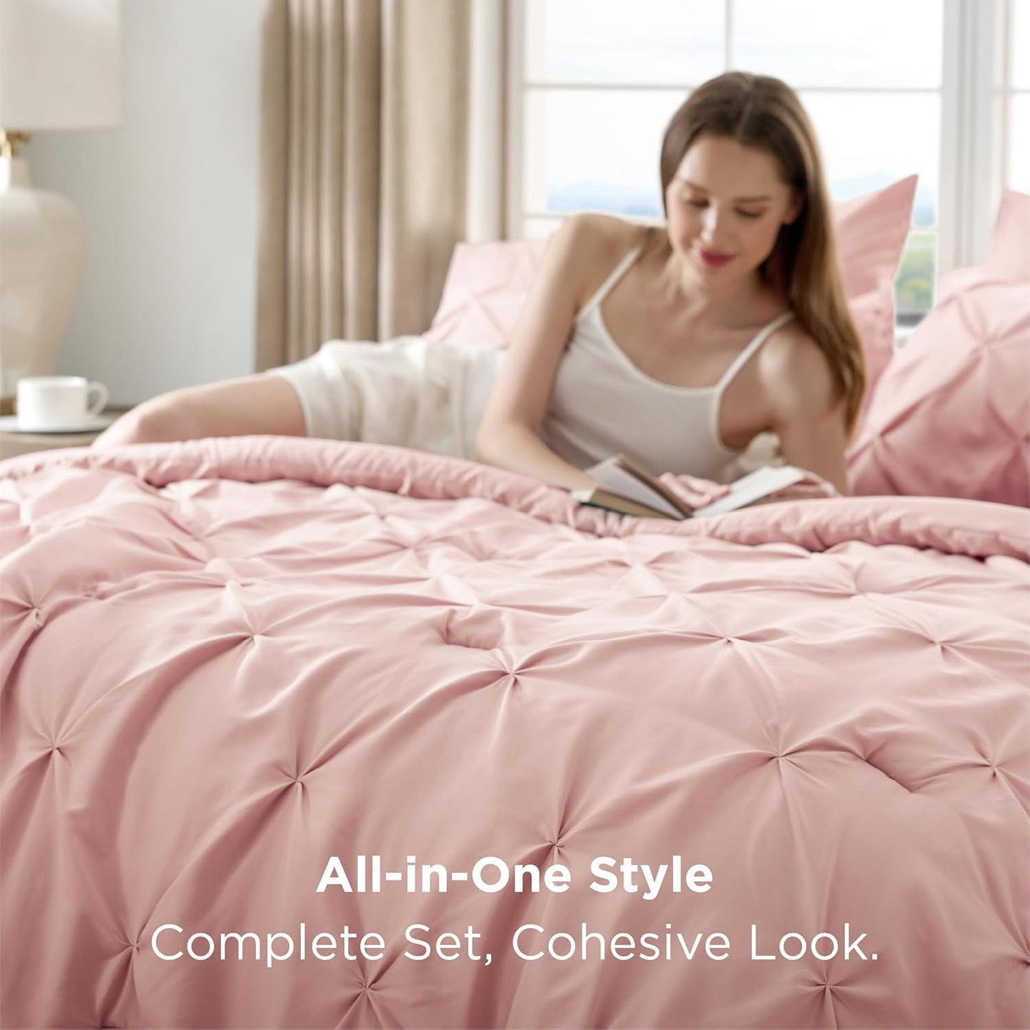 King Size Comforter Set Pink - Bed in a Bag King Size 7 Pieces, Gentlesoft™ Pintuck Bed Set Gift for Family, Pinch Pleat Pink Comforter with Sheets, Pillowcases & Shams