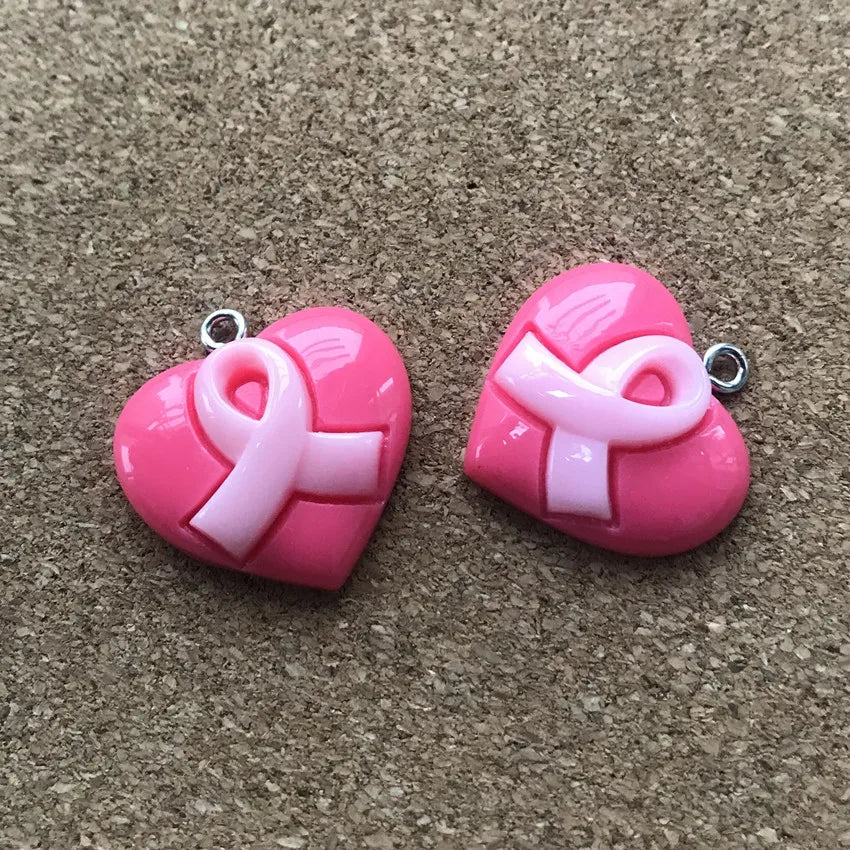 20Pcs/Lot 23Mm*20Mm Resin Fatback Heart with Breast Cancer Ribbon Hope Accessories Jewelry Diy Necklace/Bracel