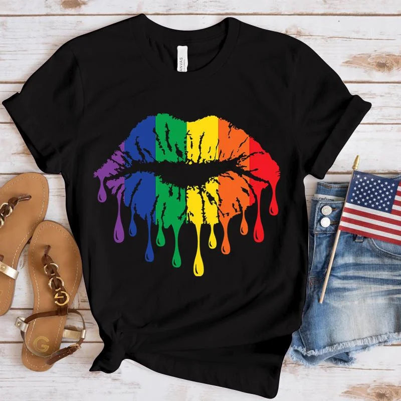 Funny Lgbt Pride Rainbow Lips Print T-Shirt Summer Casual Graphic T Shirt Women Men Short Sleeve round Neck Shirts