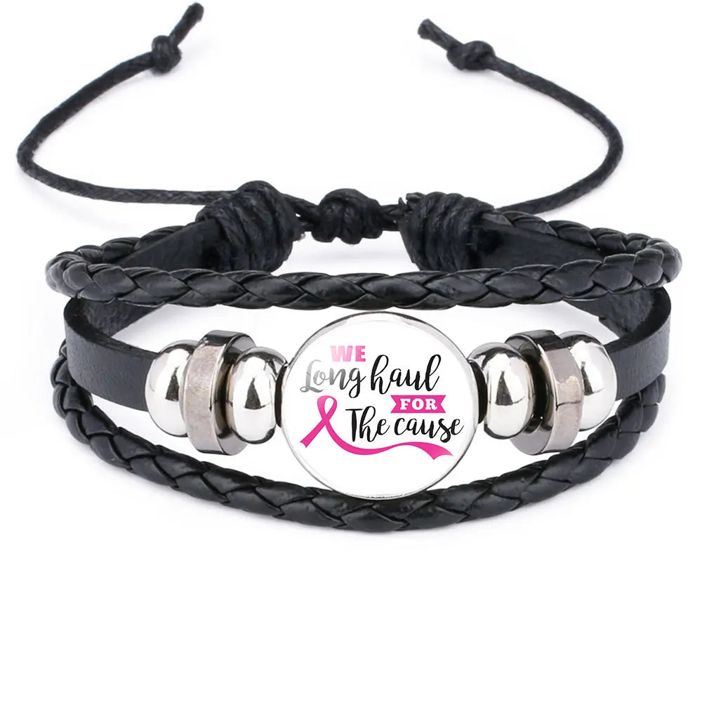 Breast Cancer Awareness Hope Bracelet for Women Pink Ribbon Charm Braided Leather Rope Wrap Bangle Fashion Handmade Jewelry
