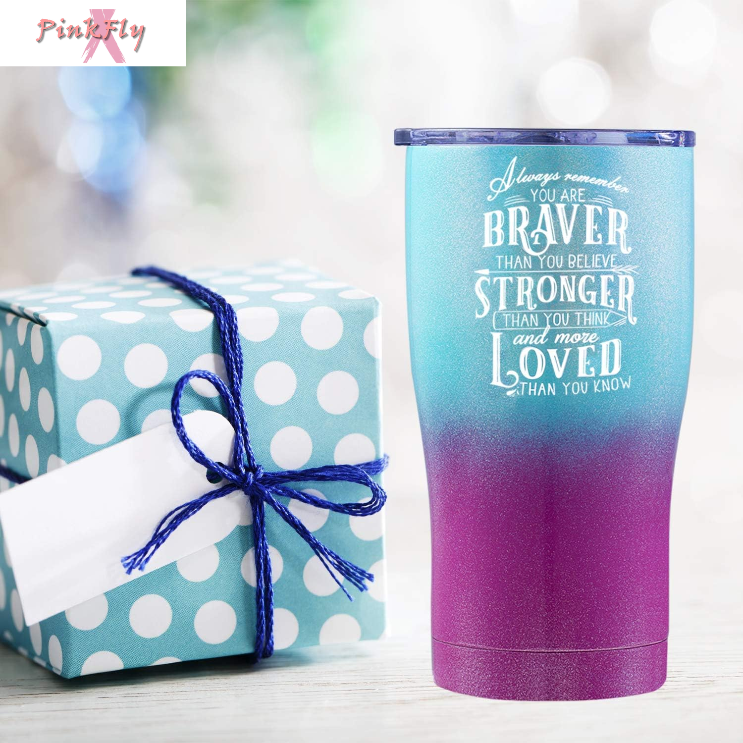 Inspirational Tumbler for Best Friend, Graduate, Retirement, or Cancer Survivor. Always Remember You Are Braver than You Believe, Stronger and More Loved than You Know (Purple Green Glitter, 20 Oz)