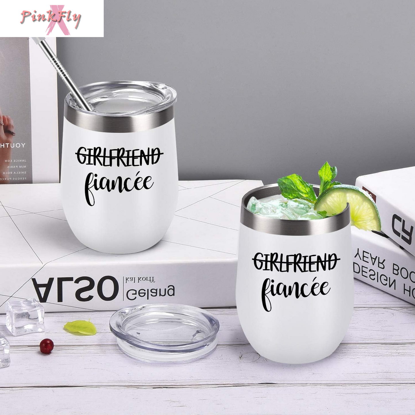 Girlfriend and Girlfriend Wine Tumbler Lesbian Couple Gifts, Engagement Wedding Valentine’S Day LGBT Gifts for Girlfriend, 12 Oz Stainless Steel Fiancée Wine Tumbler Set with Lids, White