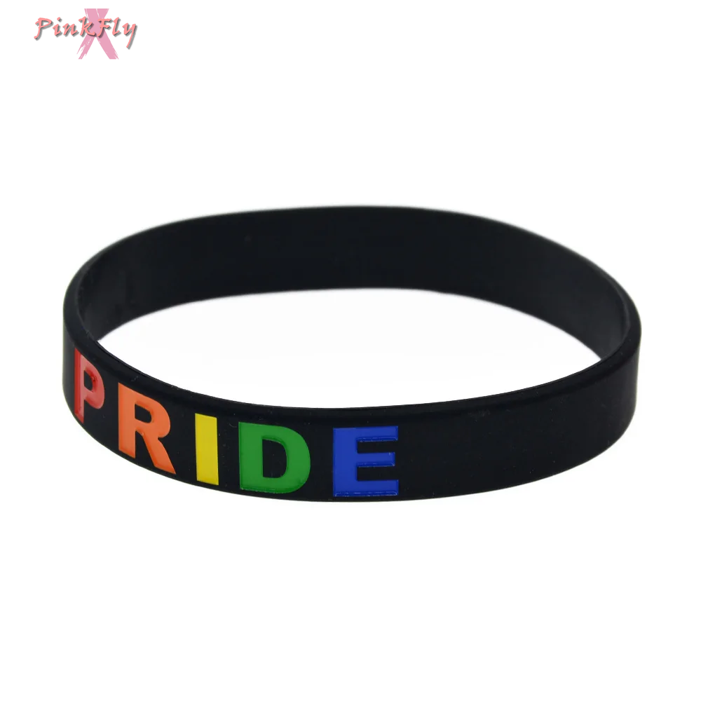 1 PC Rainbow Color Logo Pride Silicone Wristbands 1/2 Inch Wide Bangle Fashion Bracelet for LGBT Black and White