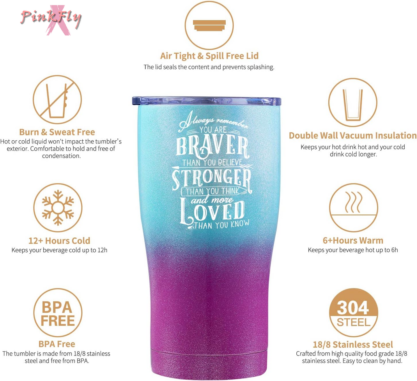 Inspirational Tumbler for Best Friend, Graduate, Retirement, or Cancer Survivor. Always Remember You Are Braver than You Believe, Stronger and More Loved than You Know (Purple Green Glitter, 20 Oz)