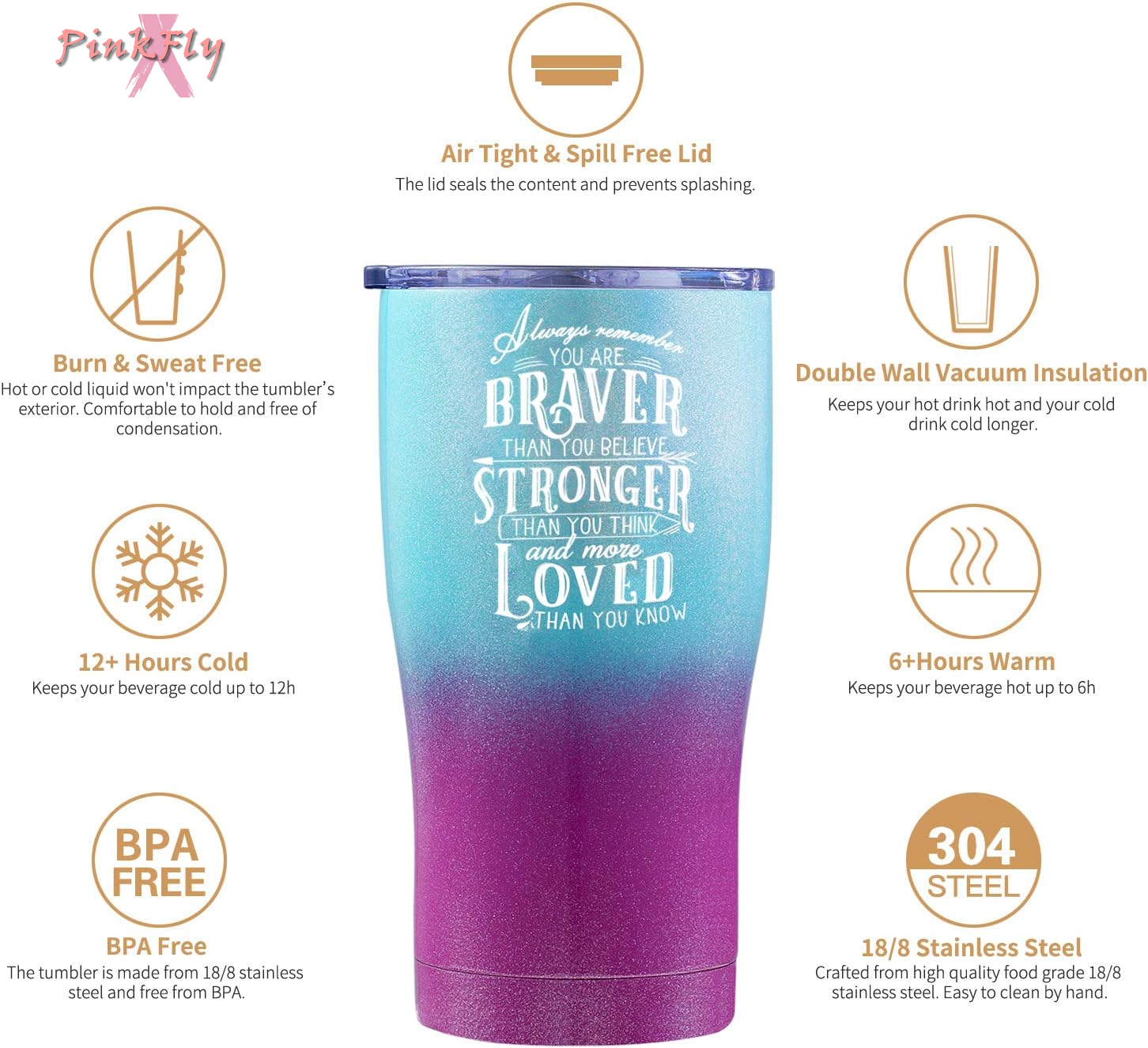 Inspirational Tumbler for Best Friend, Graduate, Retirement, or Cancer Survivor. Always Remember You Are Braver than You Believe, Stronger and More Loved than You Know (Purple Green Glitter, 20 Oz)