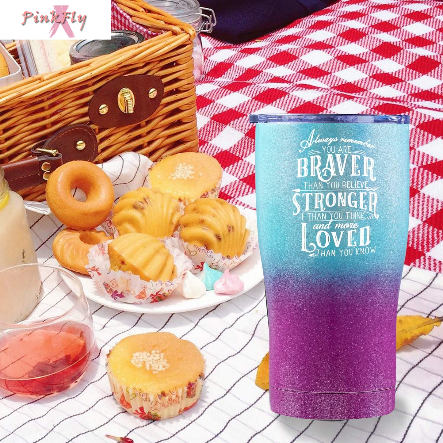 Inspirational Tumbler for Best Friend, Graduate, Retirement, or Cancer Survivor. Always Remember You Are Braver than You Believe, Stronger and More Loved than You Know (Purple Green Glitter, 20 Oz)