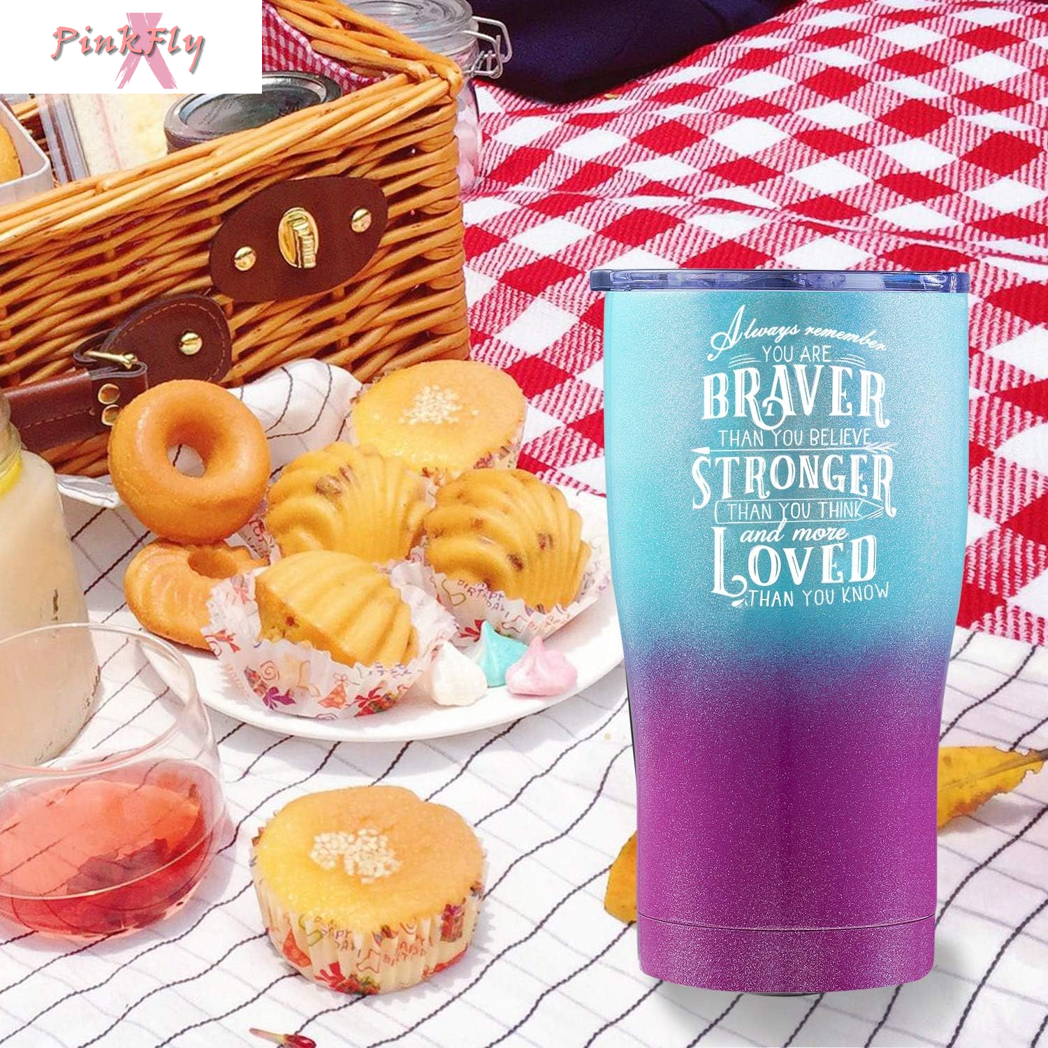 Inspirational Tumbler for Best Friend, Graduate, Retirement, or Cancer Survivor. Always Remember You Are Braver than You Believe, Stronger and More Loved than You Know (Purple Green Glitter, 20 Oz)