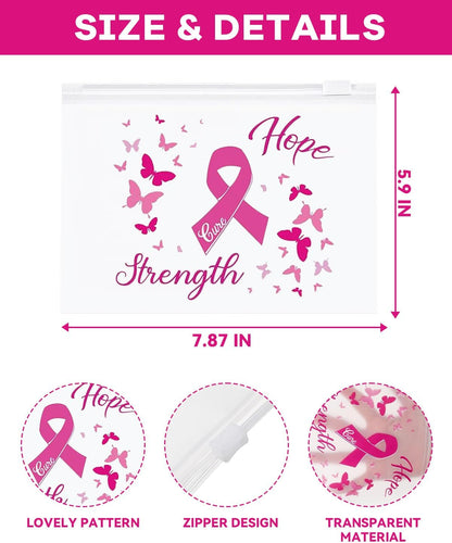 60 Pcs Breast Cancer Awareness Makeup Bags Set, Waterproof EVA Travel Toiletry Bags with Pink Ribbon Design, Strength, Cure, Hope, Perfect for Women and Girls, Cancer Survivor and Charity Party Gifts