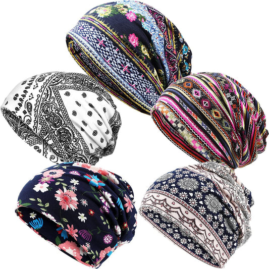 5 Pieces Women'S Slouchy Beanie Chemo Hat Stretch Cancer Head Wraps Sleep Head Scarf for Cancer Patient