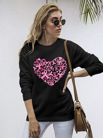 Breast Cancer Awareness Sweatshirt Women Pink Ribbon Heart Graphic Shirt Casual Long Sleeve Pullover Blouse