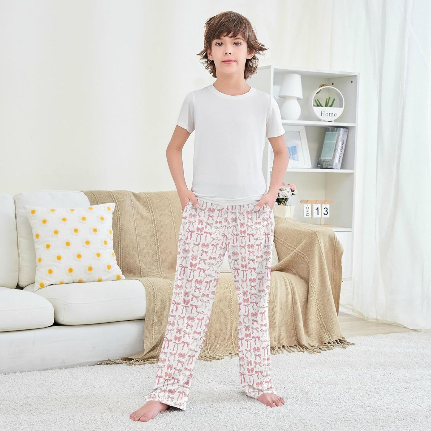 Pajama Pants Pink Ribbon Bow Doodle Casual Comfy Lounge Sleepwear Bottoms with Pockets, M
