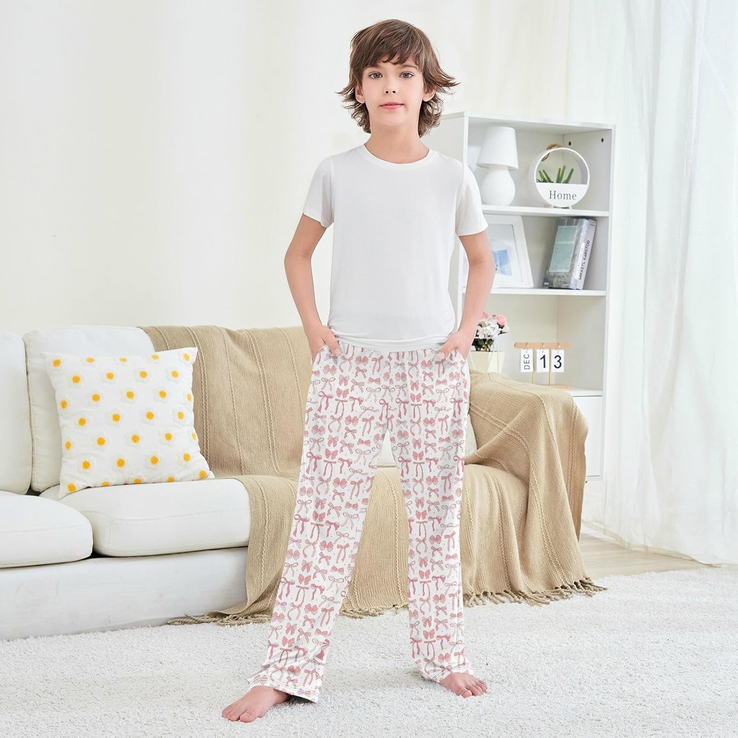 Pajama Pants Pink Ribbon Bow Doodle Casual Comfy Lounge Sleepwear Bottoms with Pockets, M