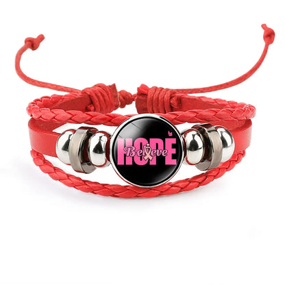 Breast Cancer Awareness Hope Bracelet for Women Pink Ribbon Charm Braided Leather Rope Wrap Bangle Fashion Handmade Jewelry