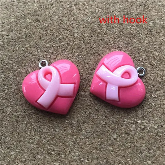 20Pcs/Lot 23Mm*20Mm Resin Fatback Heart with Breast Cancer Ribbon Hope Accessories Jewelry Diy Necklace/Bracel