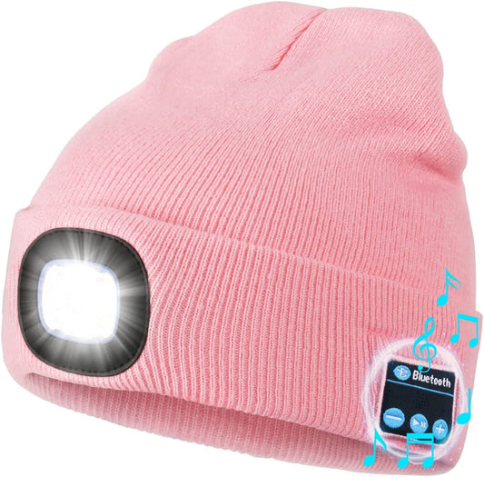 Bluetooth Beanie with a Light, Unisex USB Rechargeable 4 LED Fashlight Hat with Cordless Headphones, Unique Christmas Birthday Gifts for Men Him Husband Teen Pink