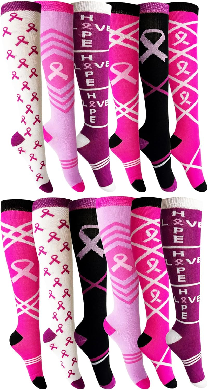 12 Pairs of Womens Breast Cancer Awareness Socks, Pink Ribbon Soft Sport Sock Bulk Pack