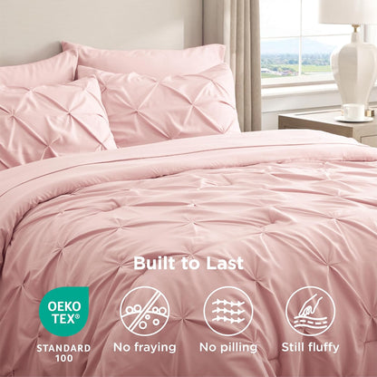 King Size Comforter Set Pink - Bed in a Bag King Size 7 Pieces, Gentlesoft™ Pintuck Bed Set Gift for Family, Pinch Pleat Pink Comforter with Sheets, Pillowcases & Shams